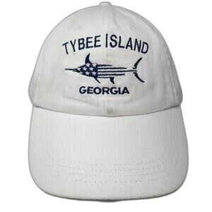 DK Caps Baseball Cap White Blue Tybee Island Georgia Marlin Fish Hat OS Cotton